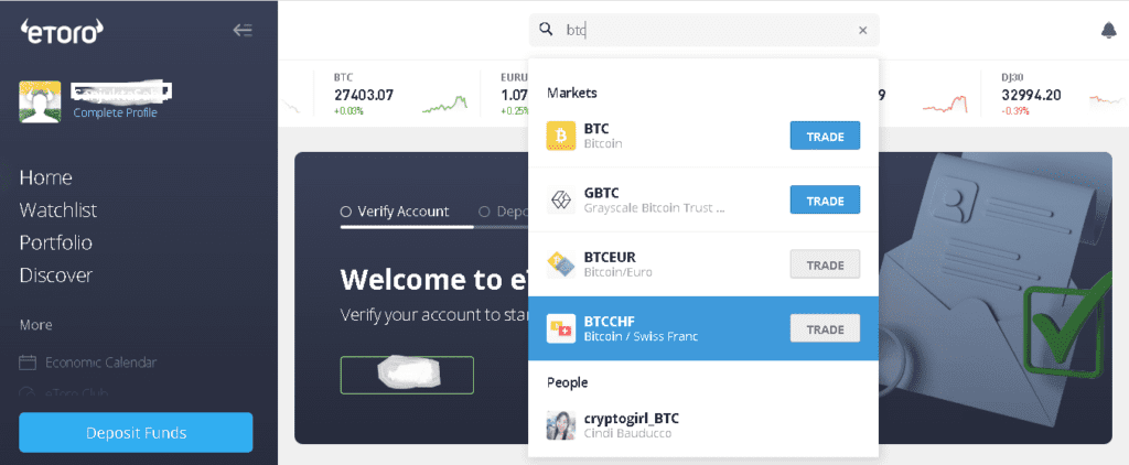 Search for Bitcoin on eToro