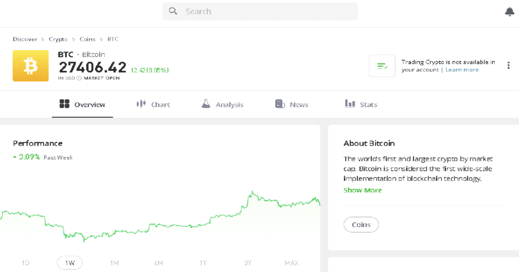 Bitcoin asset information page in eToro account