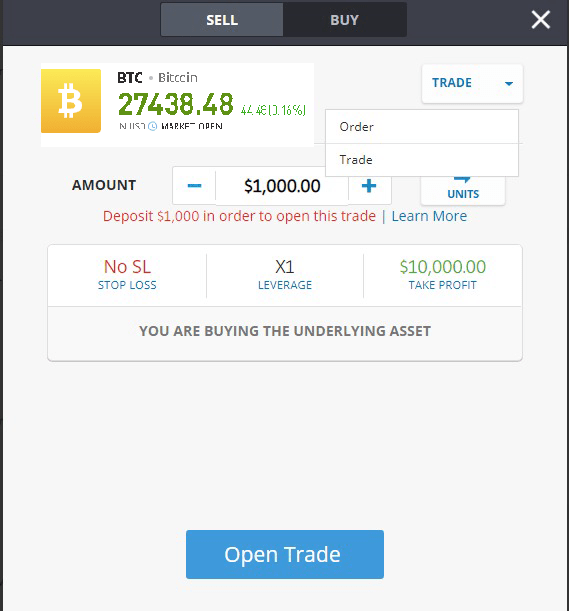 Order or trade options for buying Bitcoin on eToro