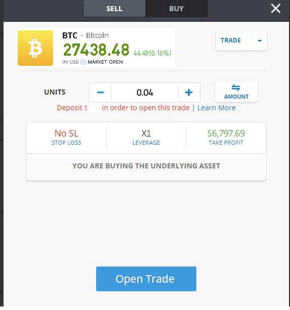 Order or trade options for buying Bitcoin on eToro